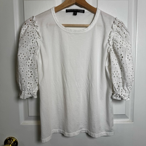 Veronica Beard Coralee Eyelet Puff Sleeve Top White 100% Pima Cotton Medium